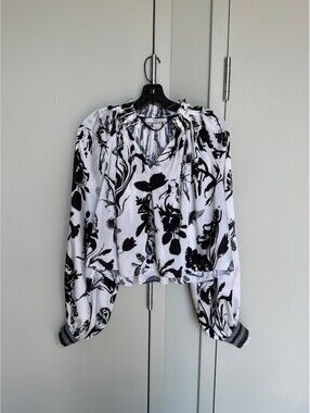 Tibi Black and White Floral Print Mock Neck Pleated Blouse